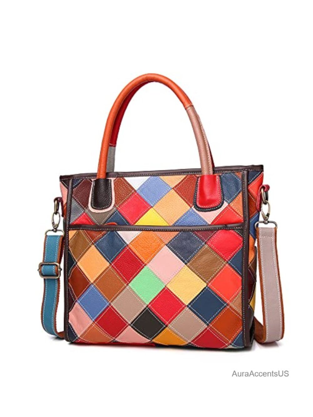 Genuine Leather Patchwork Satchel Shoulder Bag Large Capacity